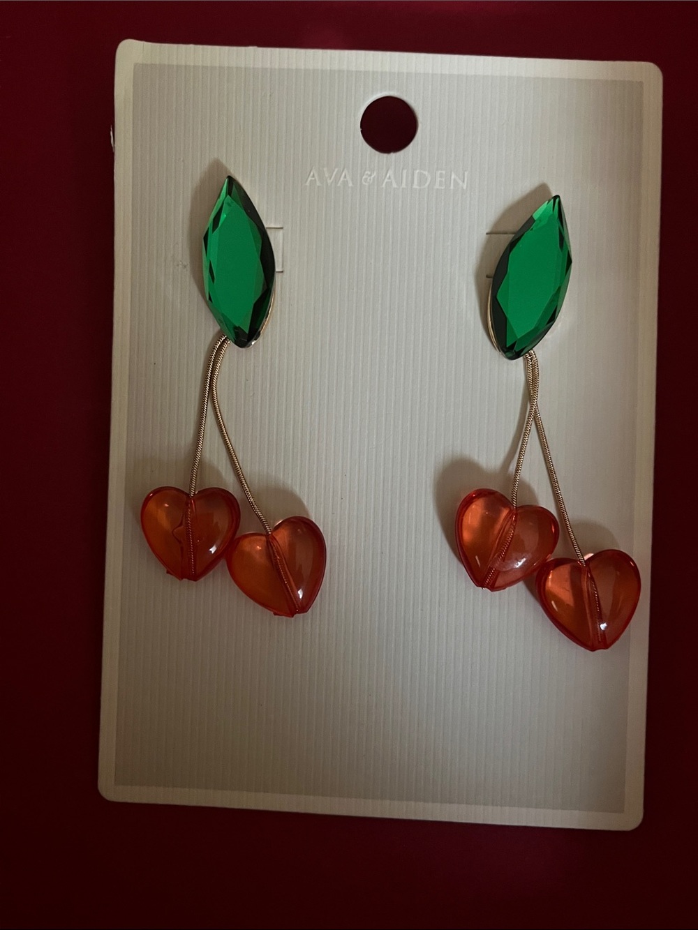 Ava & Aiden Green Leaf with Orange-Red Heart Cherry Drop Earrings